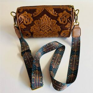 Boho Floral brown crossbody barrel faux leather bag + colorful adjustable strap.